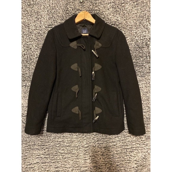 GAP Womens S Black Wool Blend Coat Toggle Button Jacket Lined full zip Military - Picture 2 of 9